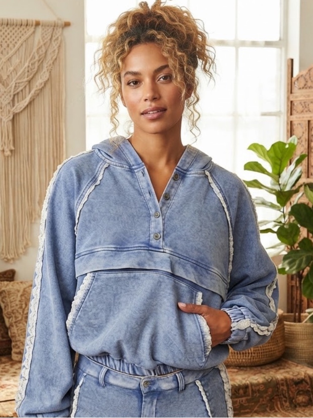 💕Coming Soon! POL Washed Light Blue Hooded Pullover Top